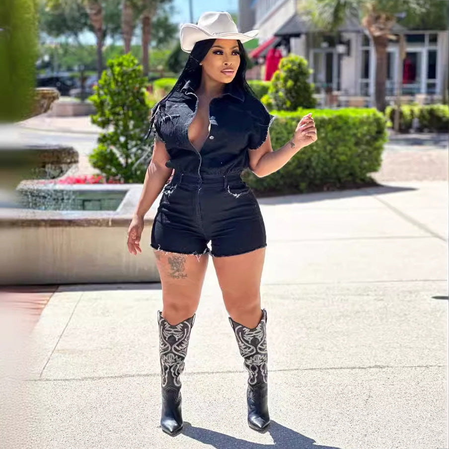Clothing Short Sleeve Stretch Denim Romper Summer Jumpsuit