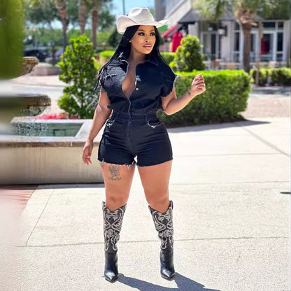 Clothing Short Sleeve Stretch Denim Romper Summer Jumpsuit