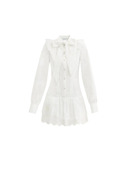 Romantic White Lace Mini Dress With Bow Tie Collar and Scalloped Hem