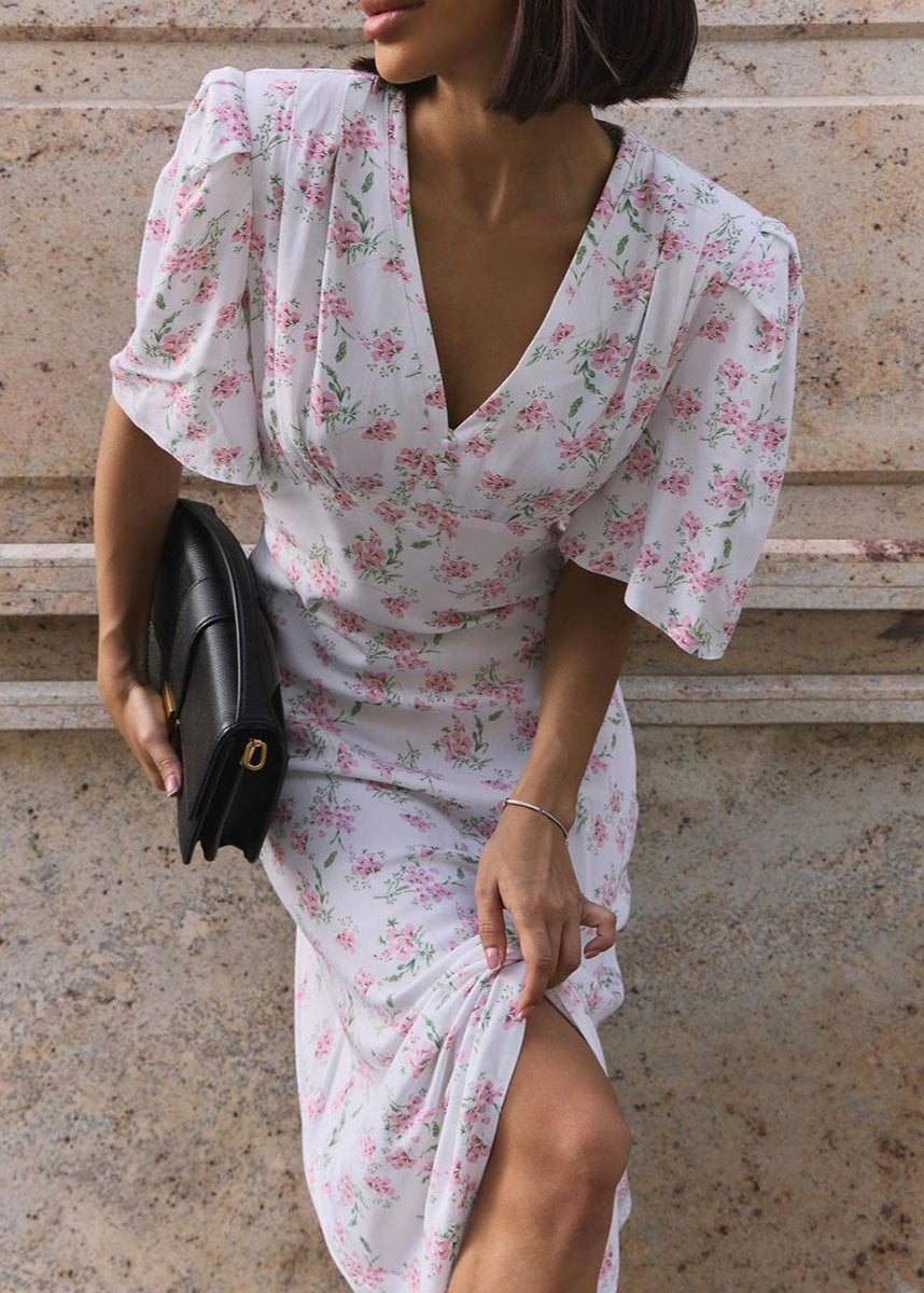 Blossom Grace - Pink Midi Dress With Puff Sleeves