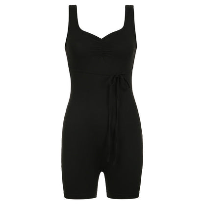 Street Color Square Collar Cross Hollow Out Cutout Backless Lace Up Sports Jumpsuit Yoga Fitness One Piece Trousers