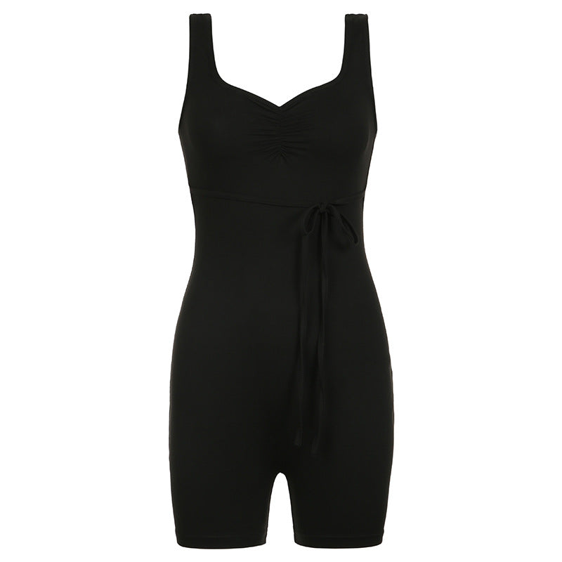 Street Color Square Collar Cross Hollow Out Cutout Backless Lace Up Sports Jumpsuit Yoga Fitness One Piece Trousers