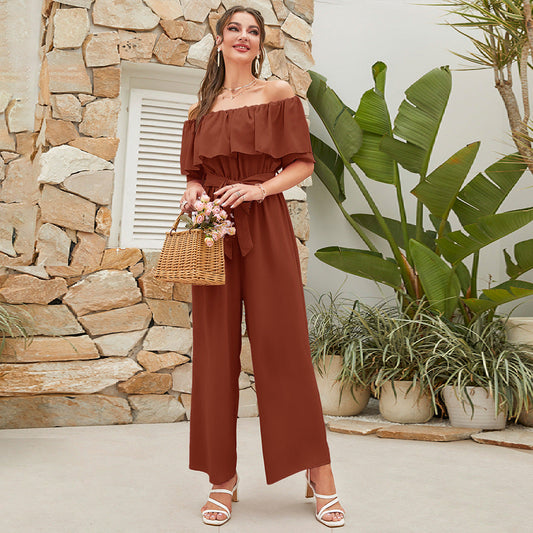 Clothing Summer Off Shoulder Ruffle Sleeve Lace Up Cropped Wide Leg Pants
