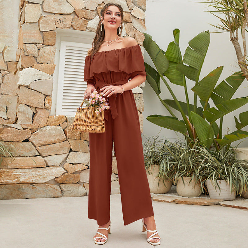 Clothing Summer Off Shoulder Ruffle Sleeve Lace Up Cropped Wide Leg Pants