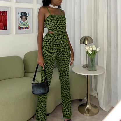 Suit Green Printing Vest Wide Leg Pants Two Piece Suit