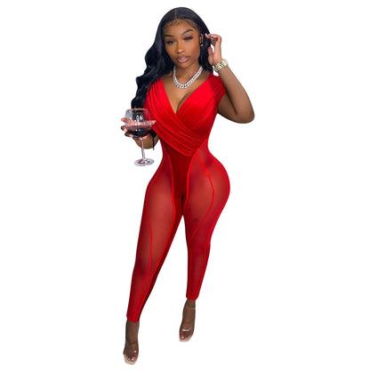 Clothing Spring Summer Arrival Supply Mesh Velvet Stitching Jumpsuit