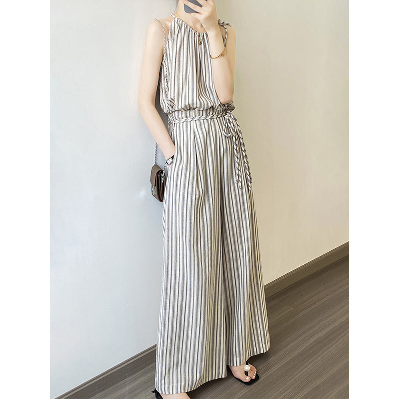 Retro Striped Suit Summer Suspender Top Wide Leg Pants Two Piece Set