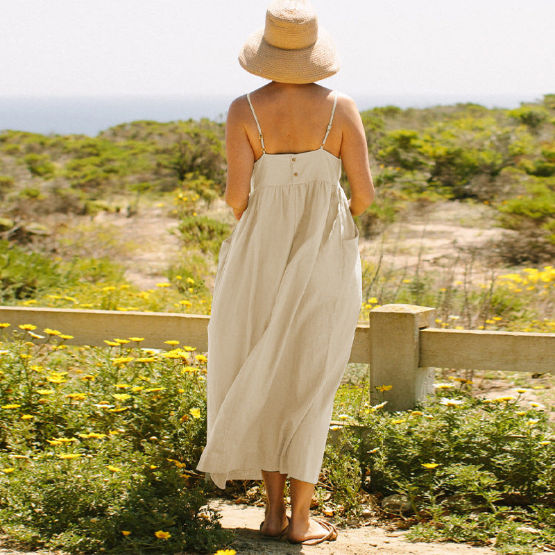 Summer Pure Cotton Sling Dress French Design Large Pocket Loose Slim Fit Adjustable Shoulder Strap Midi Dress for