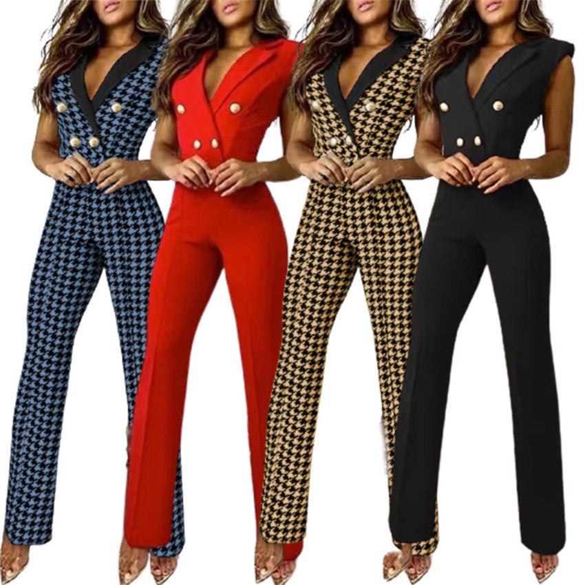 Spring Summer Clothing Color Matching Button V-neck Sleeveless Houndstooth Jumpsuit Business Wear for