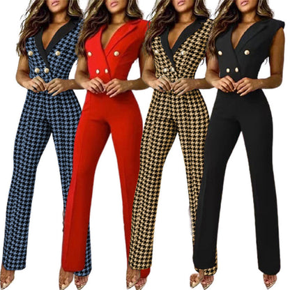 Spring Summer Clothing Color Matching Button V-neck Sleeveless Houndstooth Jumpsuit Business Wear for
