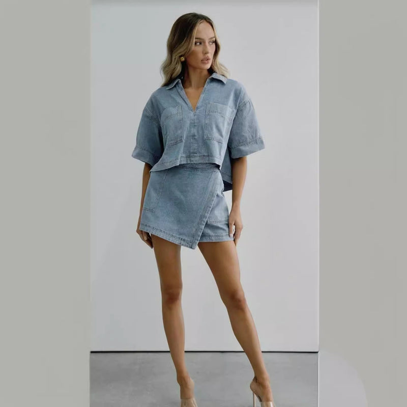Comfort Denim Summer Loose Slimming Polo Short Sleeve Shirt Irregular Asymmetric Pantskirt Two Piece Set