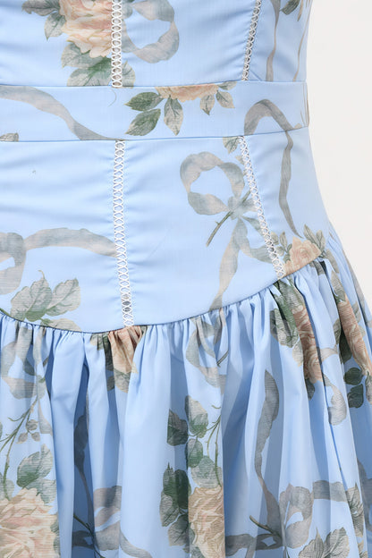 Gwend Blue Rose Print Cotton Midi Dress