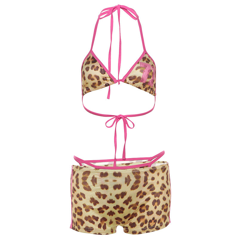 Summer Clothing Contrast Color Strap Leopard Print Bikini High Waist Hip Shorts Set