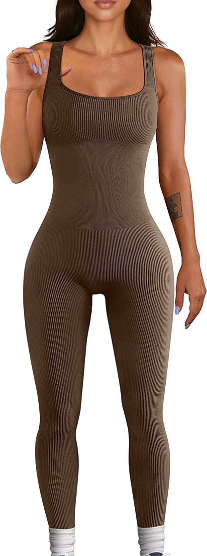 Summer Yoga Jumpsuit Ribbed Square Collar Sleeveless Sports Jumpsuit Trousers