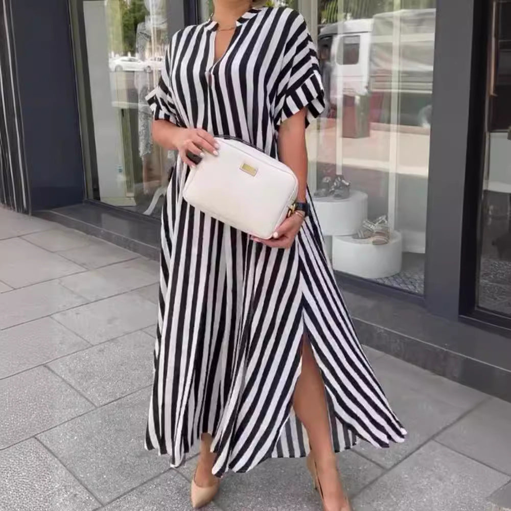 Self Designed Striped Print Spring Summer Split Large Swing Maxi Dress