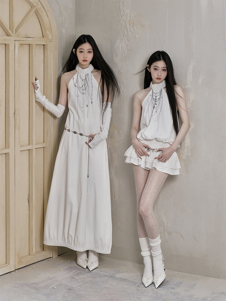 Ethereal Cascade Halter Dress and Shorts Set