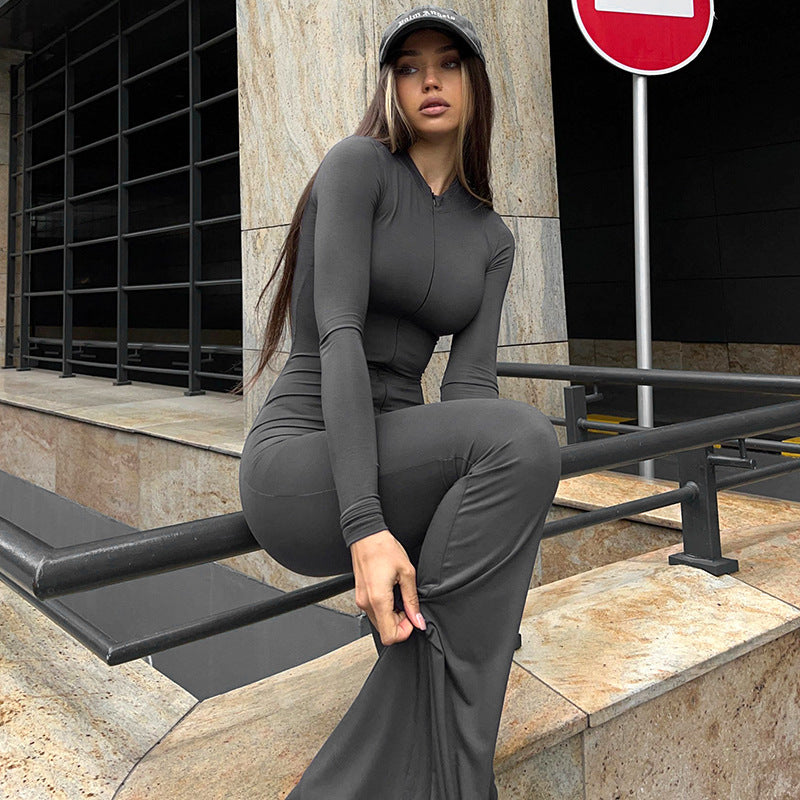 Autumn Winter Long Sleeve Flared Pants Slim Jumpsuit