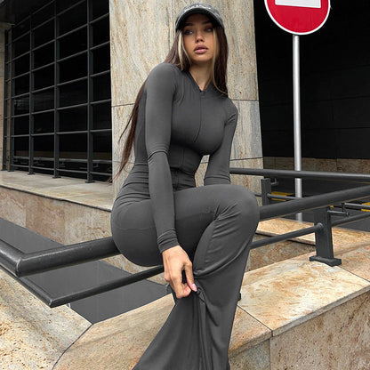 Autumn Winter Long Sleeve Flared Pants Slim Jumpsuit
