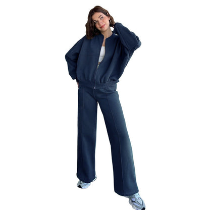 Autumn Winter Color Zipper Cardigan Sweater Straight Pants Set