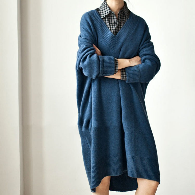 Autumn Winter Korean V Neck Sweater Mid Length Loose Sweater Pullover Thick Dress