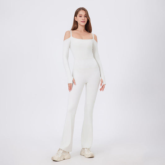 Autumn Winter Tight Nude Feel Yoga Clothes With Chest Pad Long Sleeve Off the Shoulder Sports Fitness Running One Piece Bell Bottom Pants