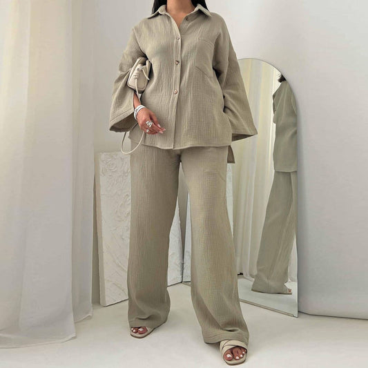 Clothing Autumn Champray Long Sleeve Shirt High Waist Wide Leg Pants Set