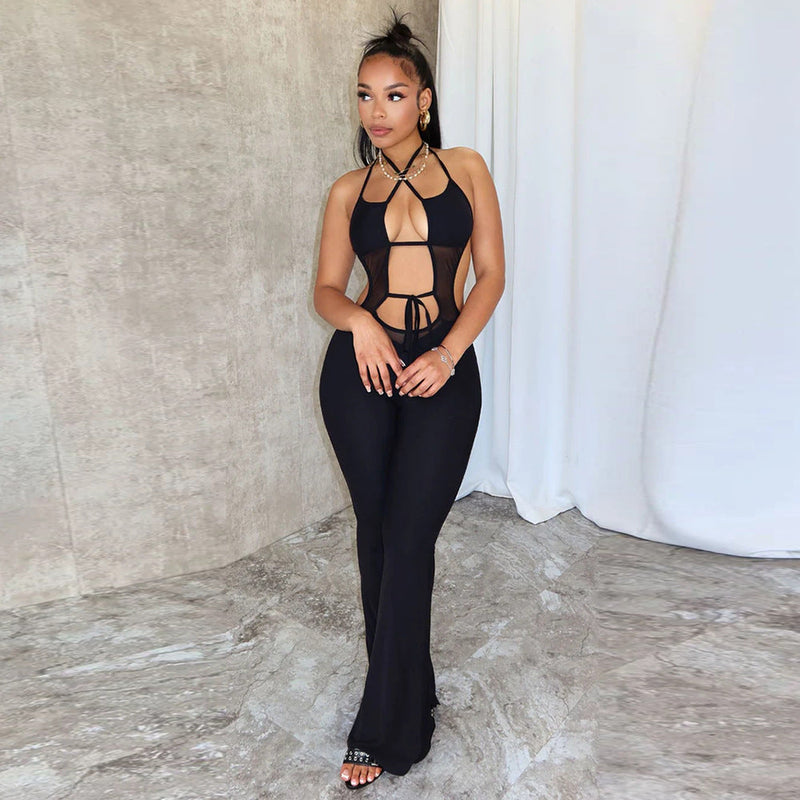 Summer Sleeveless Lace Up Backless Slightly Flared Wide Leg Jumpsuit for