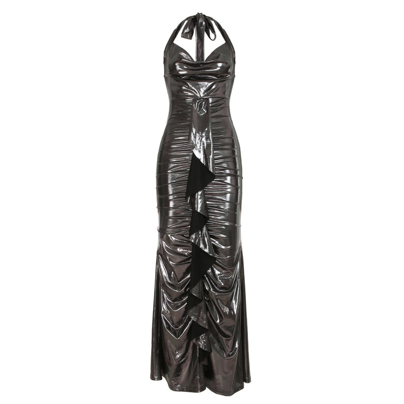 Dress Glossy Coating Backless Lace Up Swing Collar Slim Fit Sheath Mop Dress