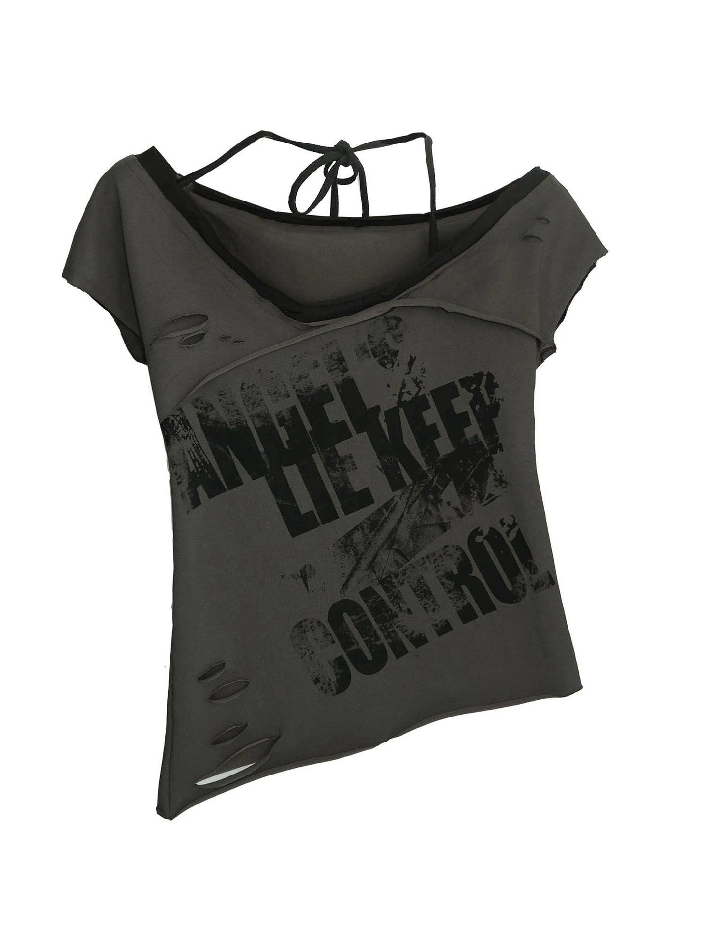 Cest Nous Distressed Graphic Off-shoulder Top - Tie-back T-shirt With Asymmetric Hem