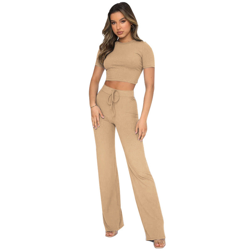 Set Color High-elastic Body Shaping Short Sleeve Sunken Stripe Wide Leg Pants Two-piece Set