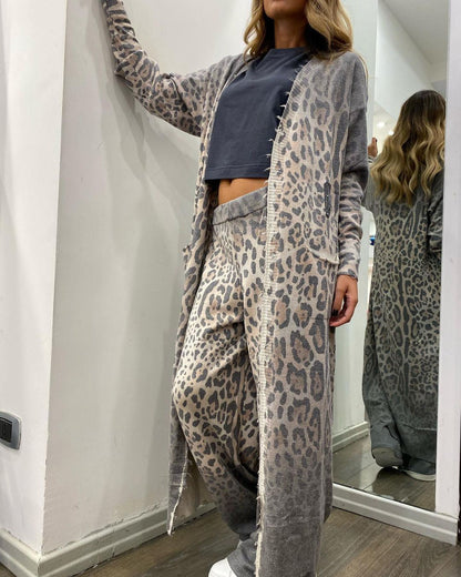 Spring Leopard Print Long Sleeve Cardigan Trousers Suit Two Piece Set for