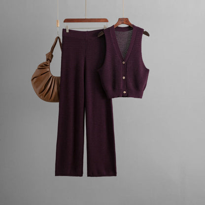 Fashionable Knitted Summer V Neck Sleeveless Vest High Waist Straight Pants Two Piece Set