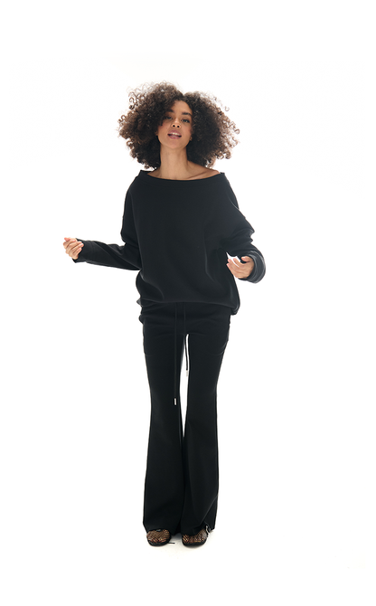 Off-the-shoulder Sweatshirt and Slight Flare Pants Set