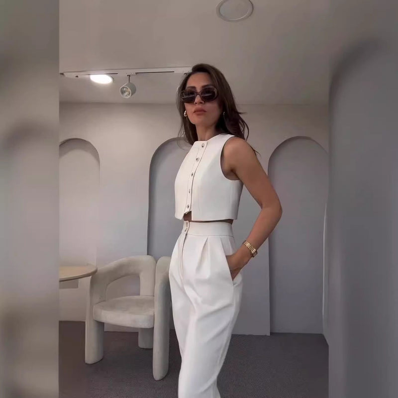 Clothing Spring Summer Sleeveless Vest High Waist Cropped Pants Two Piece Set