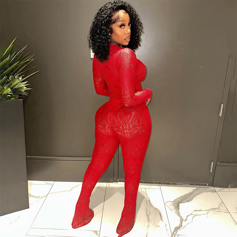 Clothing Autumn Winter Lace Hollow Out Cutout Out See Through Jumpsuit Trousers Sets