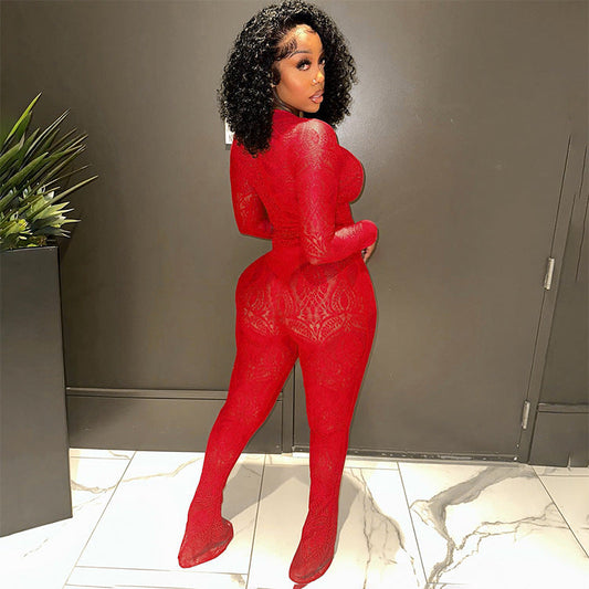 Clothing Autumn Winter Lace Hollow Out Cutout Out See Through Jumpsuit Trousers Sets
