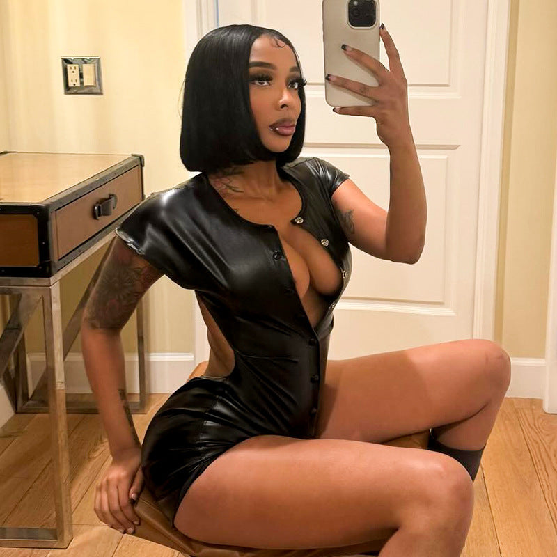 Backless Slim Fit Faux Leather Flying Sleeves Romper