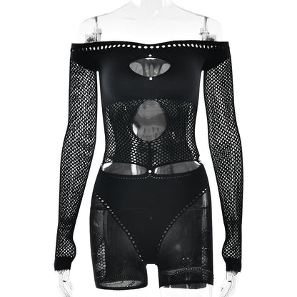 Tights Slim Hollow Out Cutout Off Shoulder Long Sleeve Jumpsuit