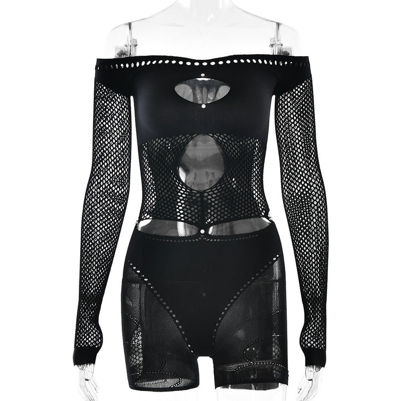 Tights Slim Hollow Out Cutout Off Shoulder Long Sleeve Jumpsuit