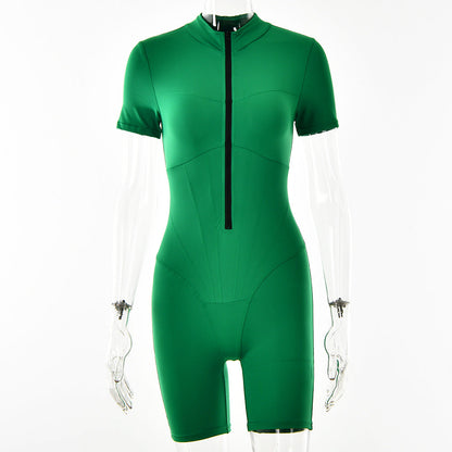 Tight Jumpsuit Autumn Winter Short Sleeve Zipper Striped Bottoming Shirt for