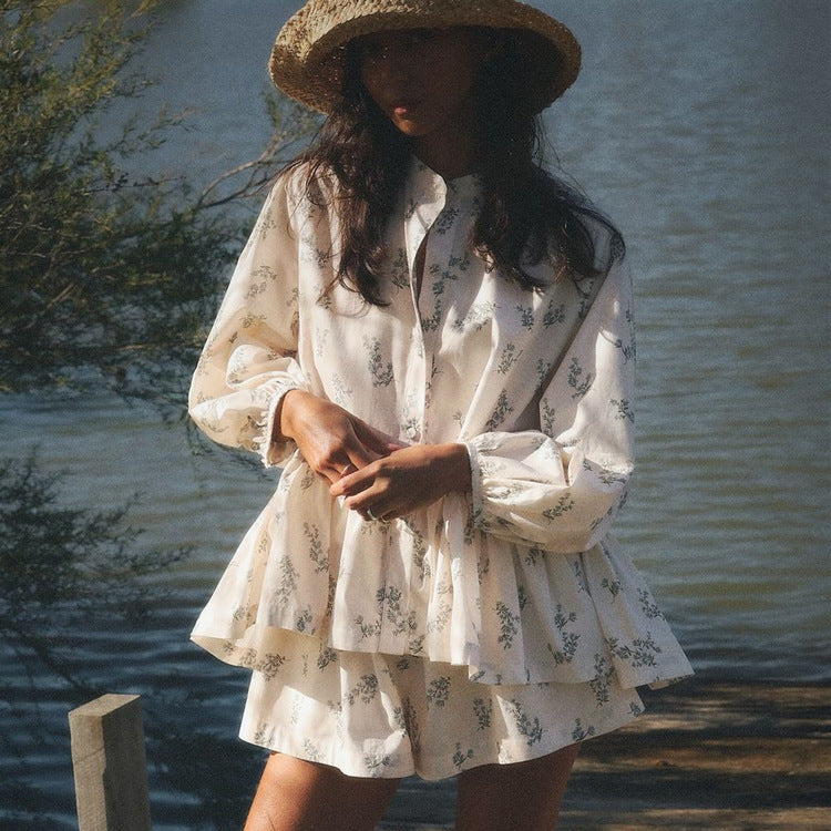 French Classic Skirt Puff Sleeve Small Turtleneck Ruffled Puffy Shirt Printed Shorts Suit