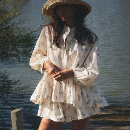 French Classic Skirt Puff Sleeve Small Turtleneck Ruffled Puffy Shirt Printed Shorts Suit