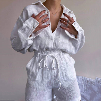 Clothing Suit Pure Cotton Summer Collared Long Sleeve Shirt High Waist Pocket Shorts Two Piece Set