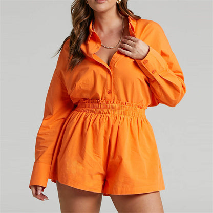 Spring Summer Two Piece Set Color Single Breasted Long Sleeve Collared Shirt Shorts Loose Set