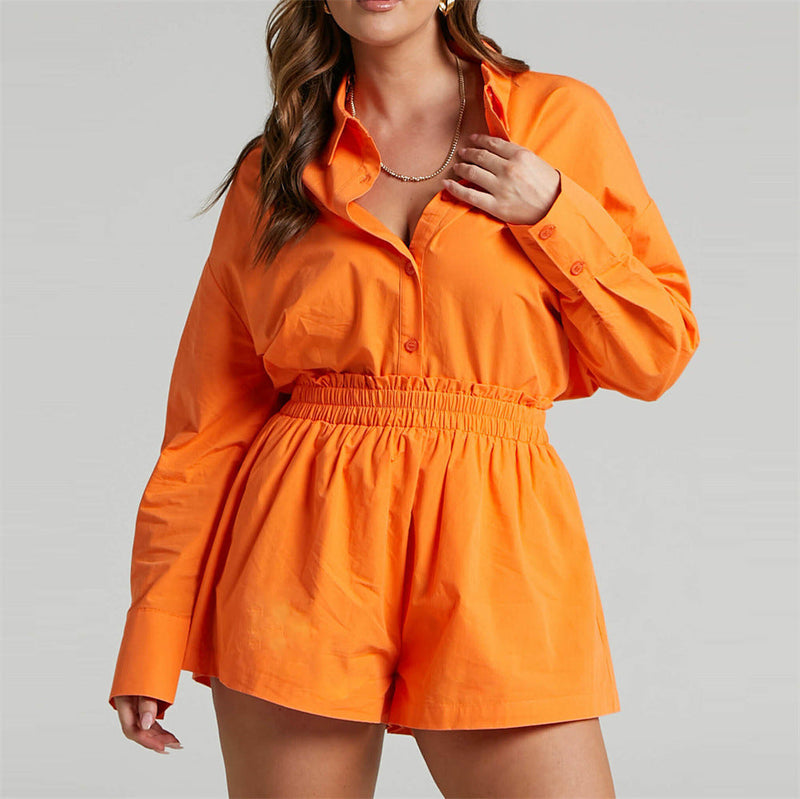Spring Summer Two Piece Set Color Single Breasted Long Sleeve Collared Shirt Shorts Loose Set