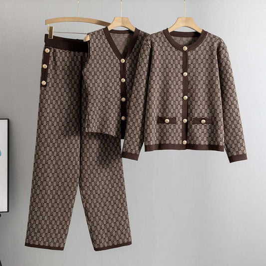 Coffee – Knit Vest Cardigan Three Piece Set