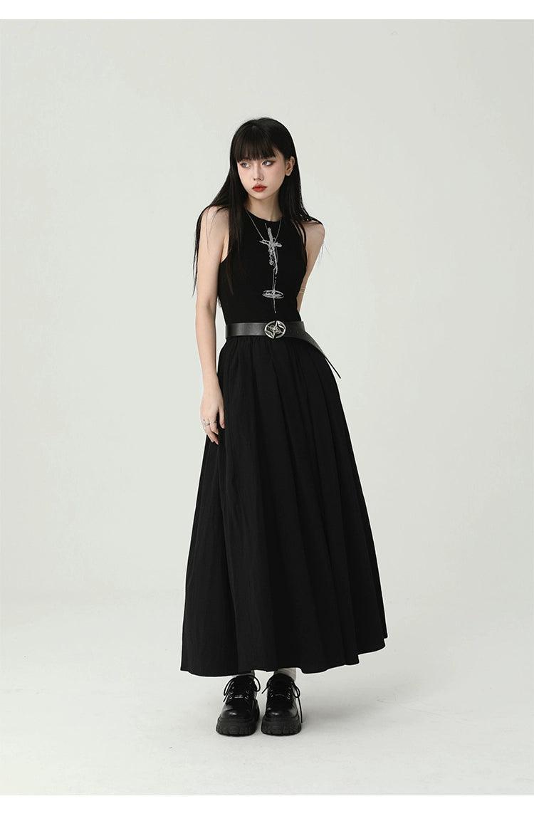 Ladyghost Gothic Sleeveless Maxi Dress - Black A-line Gown With Cross Pendant and Pentagram Belt