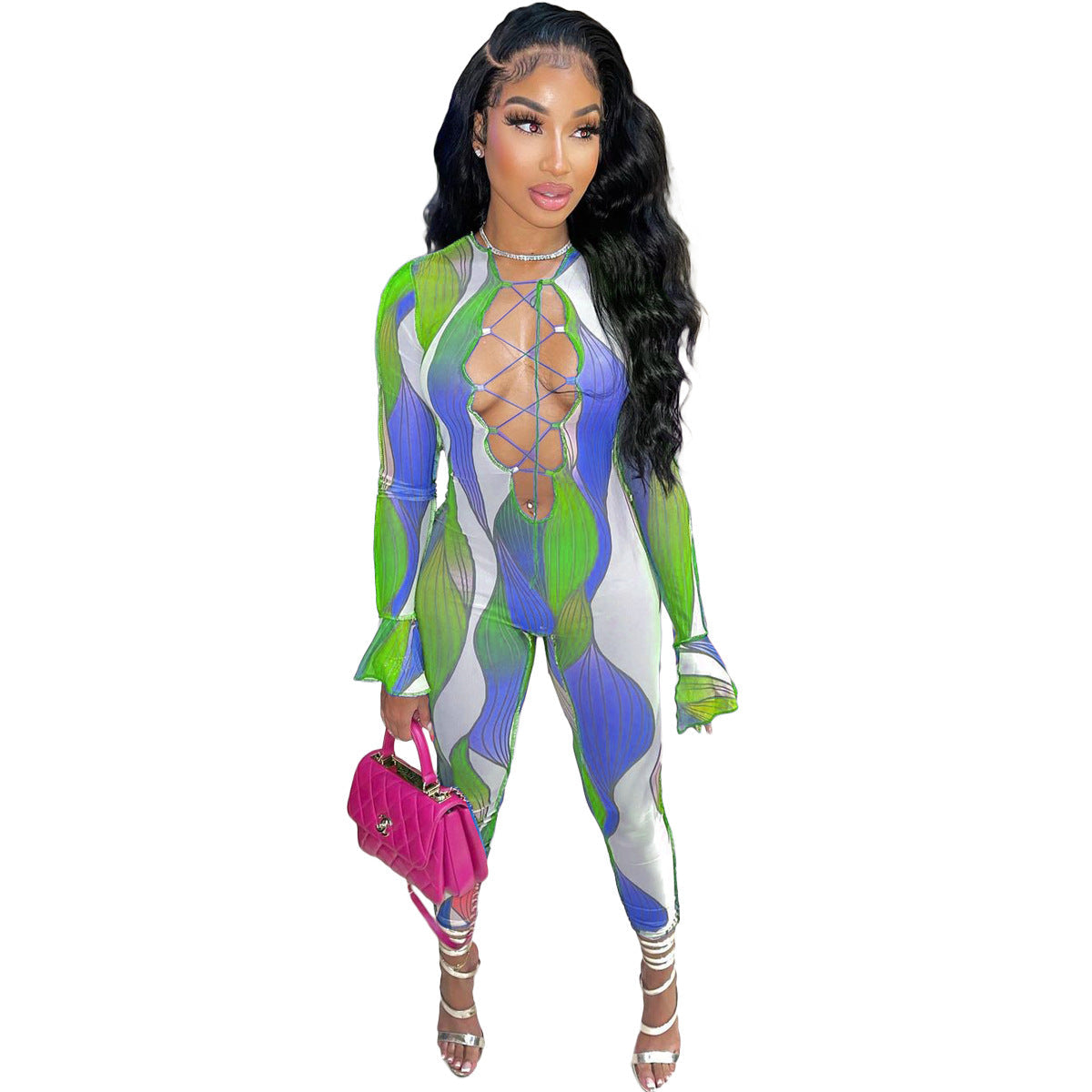 Slim Hollow Out Cutout Printed Lace Up Ruffle Sleeve Jumpsuit Crisscross