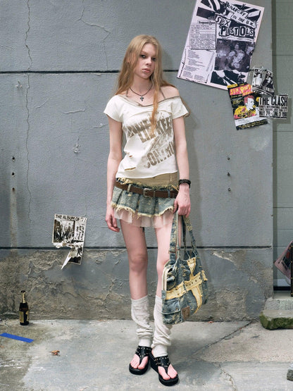 Cest Nous Layered Denim Mini Skirt - Distressed Patchwork Skirt With Belt