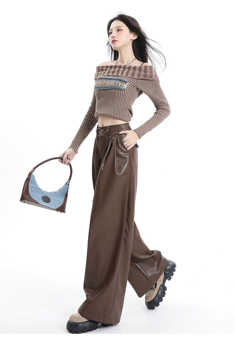 Coffee Wide-leg Pu Leather Pants
